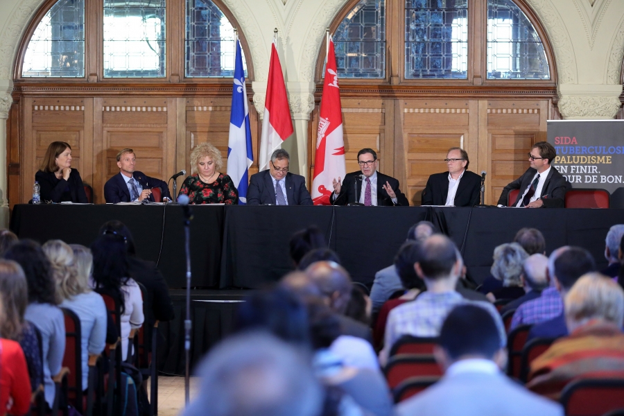 Panelists at the McGill event (from left to right): the Honourable Jane Philpott, Mark Dybul, Lucica Ditiu, Peter Singer, Mark Wainberg, Philippe Gros, and Marcel Behr.