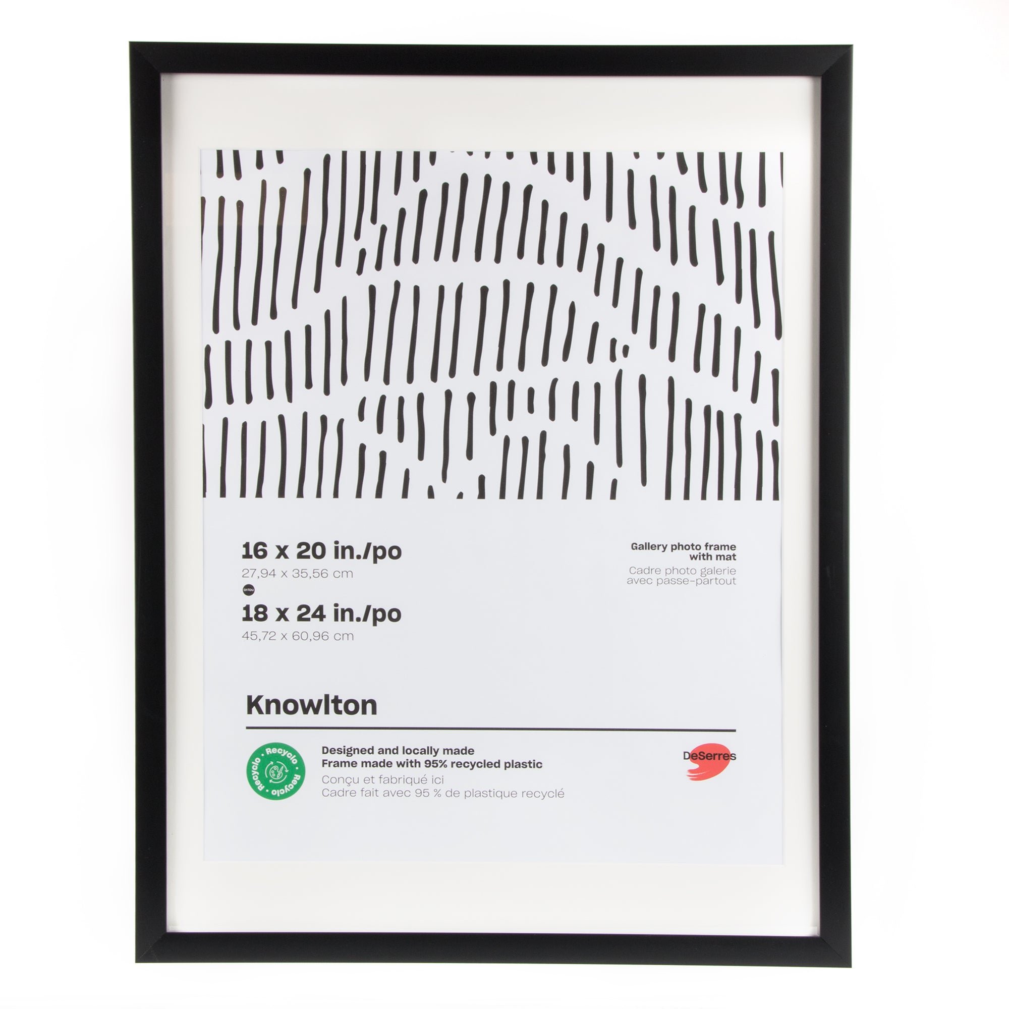 Black picture frame with white mat, displaying product information for gallery photo frames in various sizes, with green recycling logo and red DeSerres logo.
