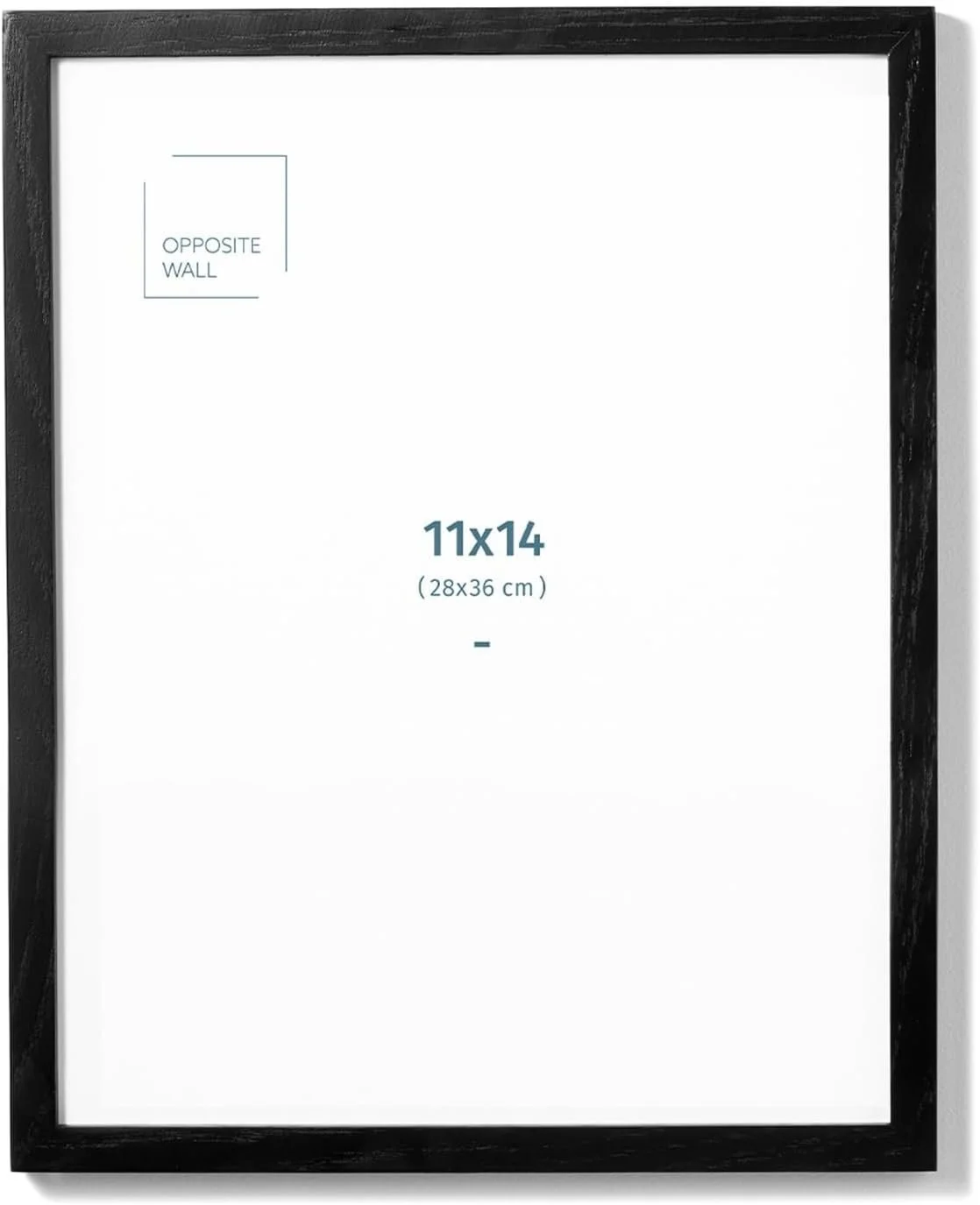 A picture of a blank picture frame with dimensions 11x14 inches, 28x36 centimeters, with a note indicating the opposite wall.