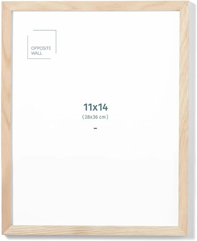 Whiteboard with a wooden frame, labeled as an 11x14 inch (28x36 cm) size, and marked for an opposite wall.