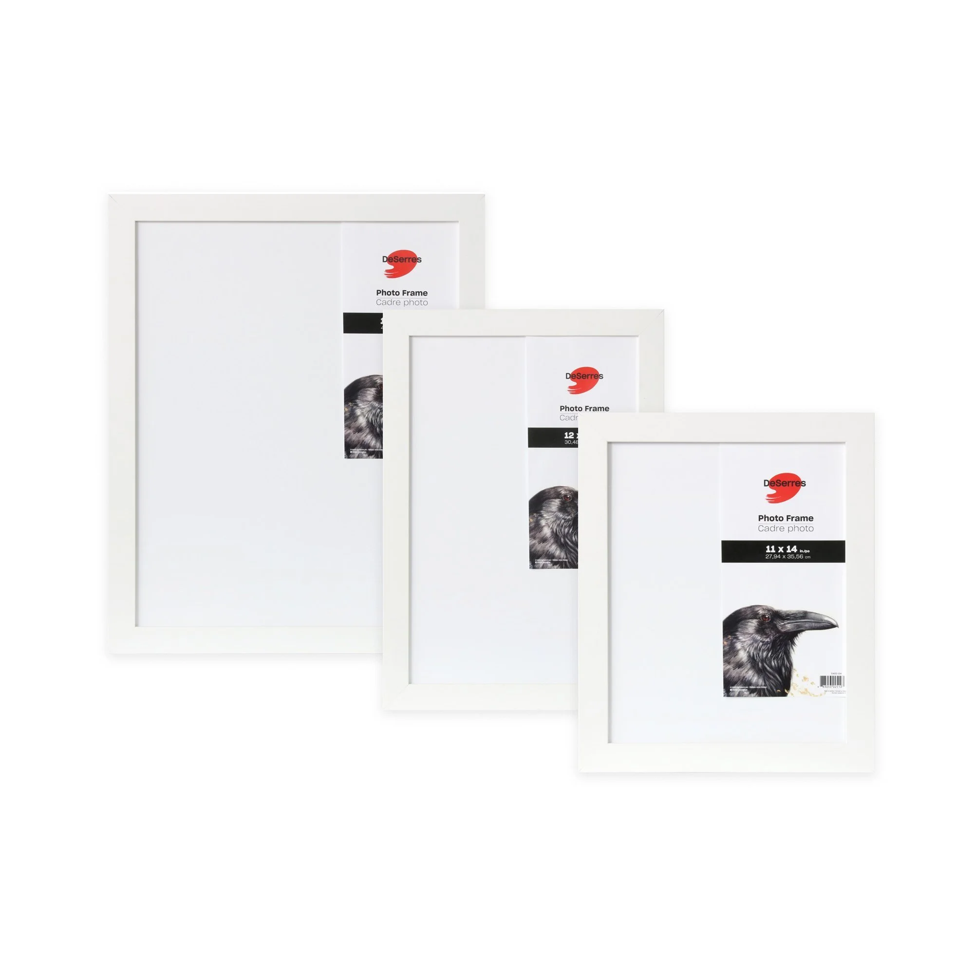 Three white photo frames of different sizes with plain glass, stacked slightly overlapping.