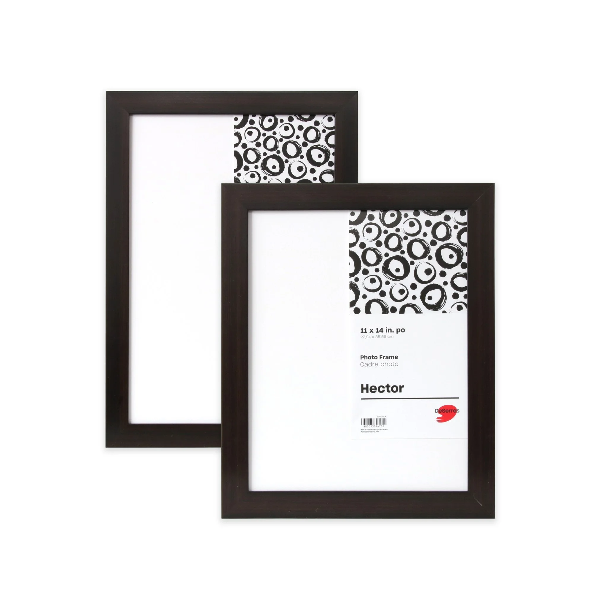 Two black photo frames positioned against a white background, one overlapping the other, with a patterned backing of black circles on white.