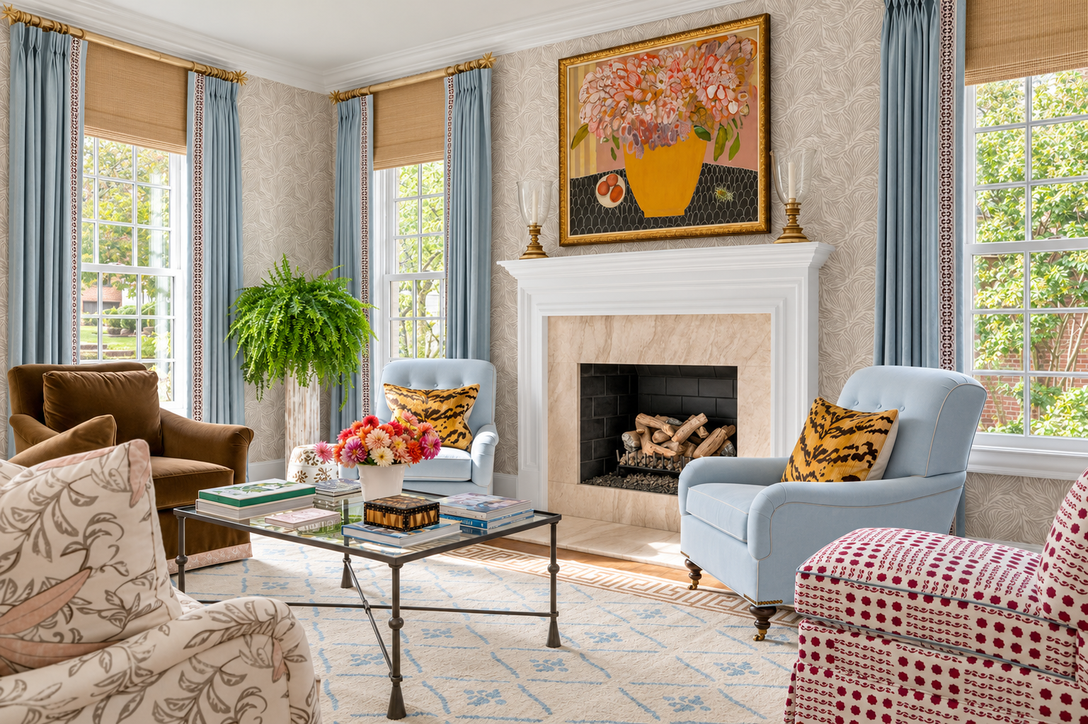 Luminous classic living room with floral fireplace.png