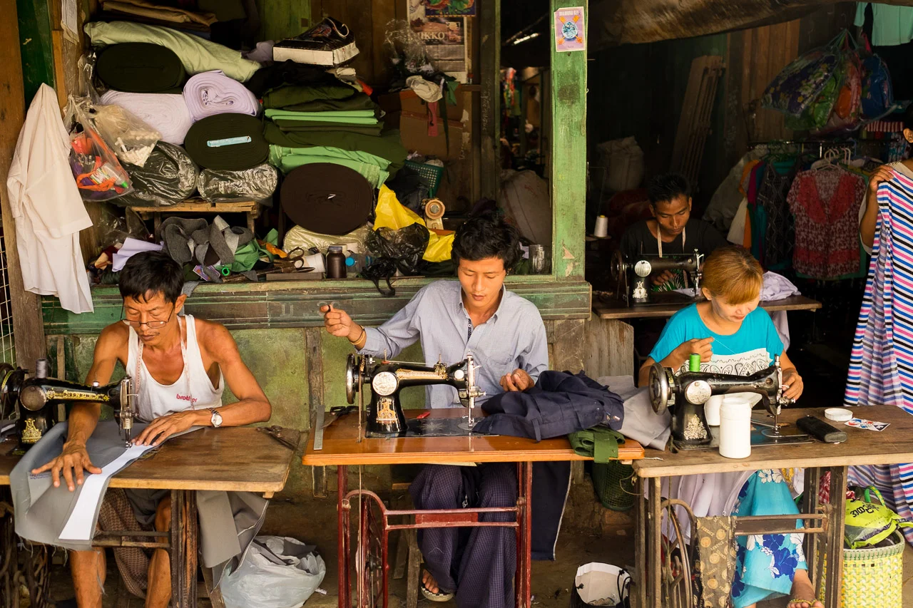  Tailors at work in the Mrauk U market.&nbsp;  Burma 2015 - Francesco Vicenzi Photography 