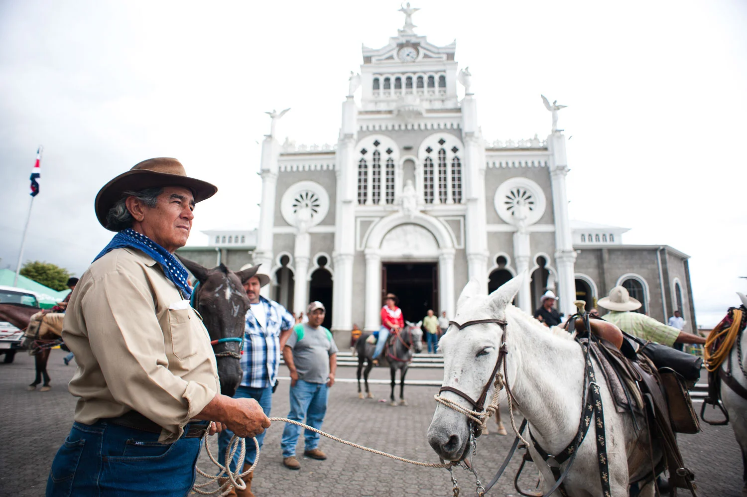  COSTA RICAN COWBOYS -GERTH GOMEZ FROM SAN VITO - a crew of 13 cowboys arrived today (tuesday) in Cartago after a 7 day long horse back ride from the southern city of San Vito as very early partecipant of Pilgrimage of Our Lady of Los Angeles - The basilica is open since today to receive pilgrims and many people already kneed inside the church. Francesco Vicenzi/Tico Times 