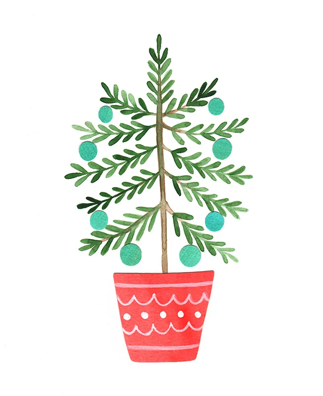 Christmas tree in pot - Watercolour & collage