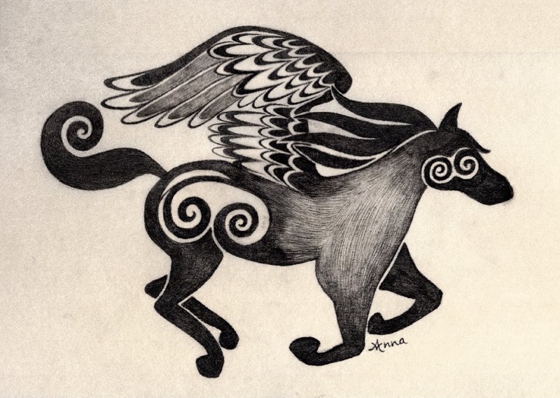 Celtic Galloping Pegasus Horse - Ink on glitter paper