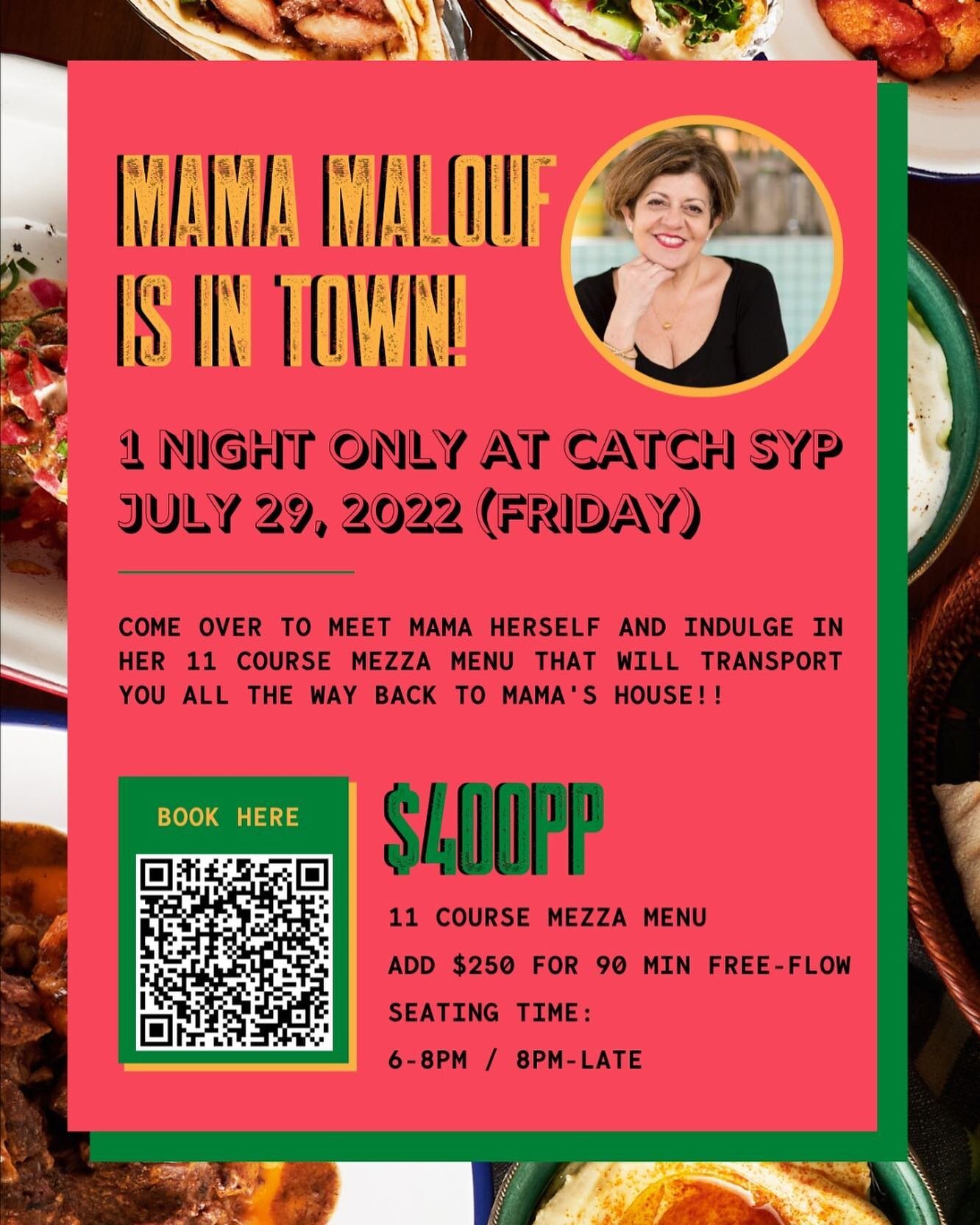 ✨Yes! Mama will be back in Catch&rsquo;s kitchen for a night with all of the laughs, hugs and delicious dishes! 

On Friday July 29, come over SYP to meet the lady herself and indulge in her 11 course mezza menu that takes you straight to her home 🏠