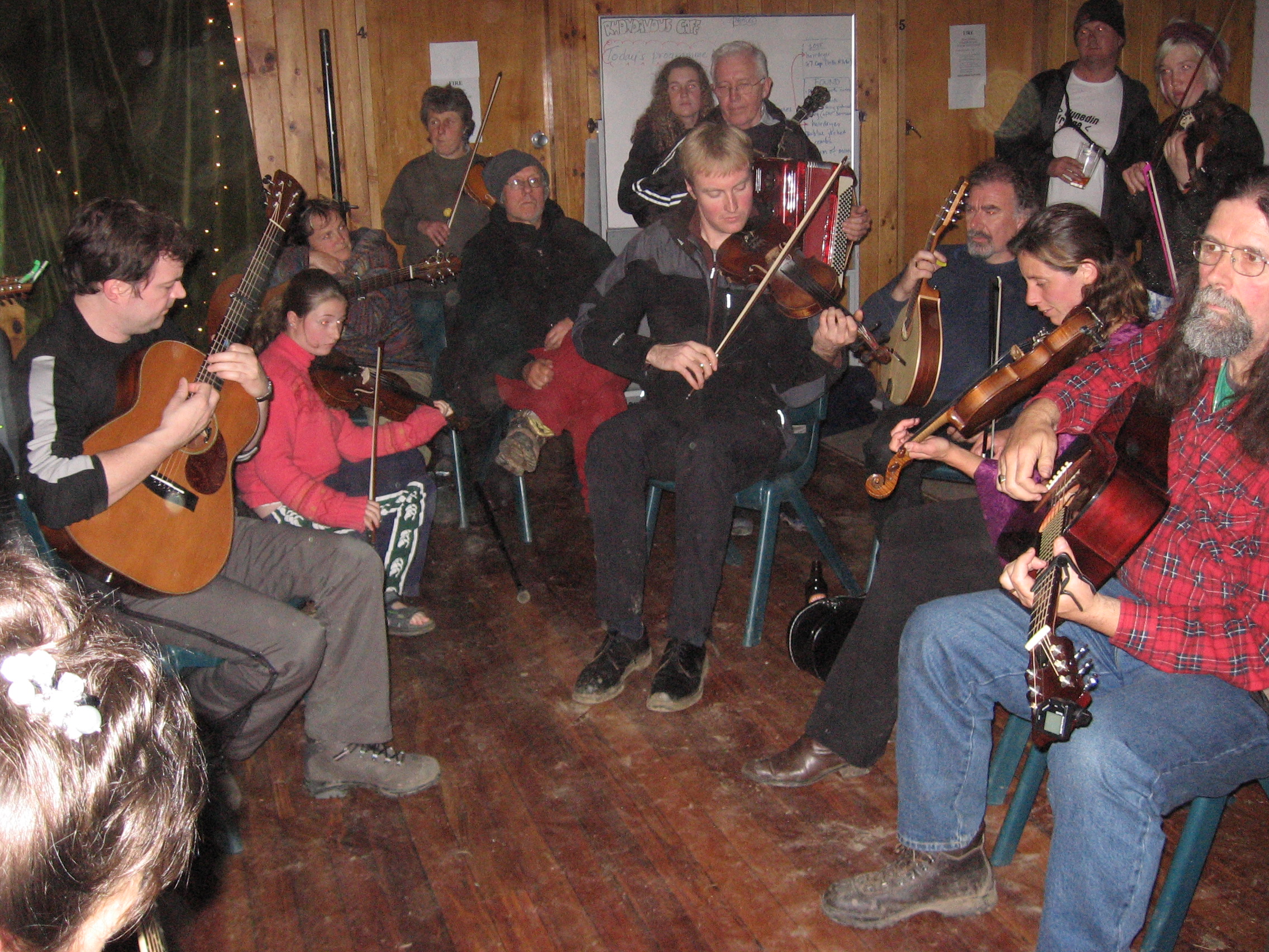 A late night session in the hall at Whare Flat Folk Festival (2006/7)