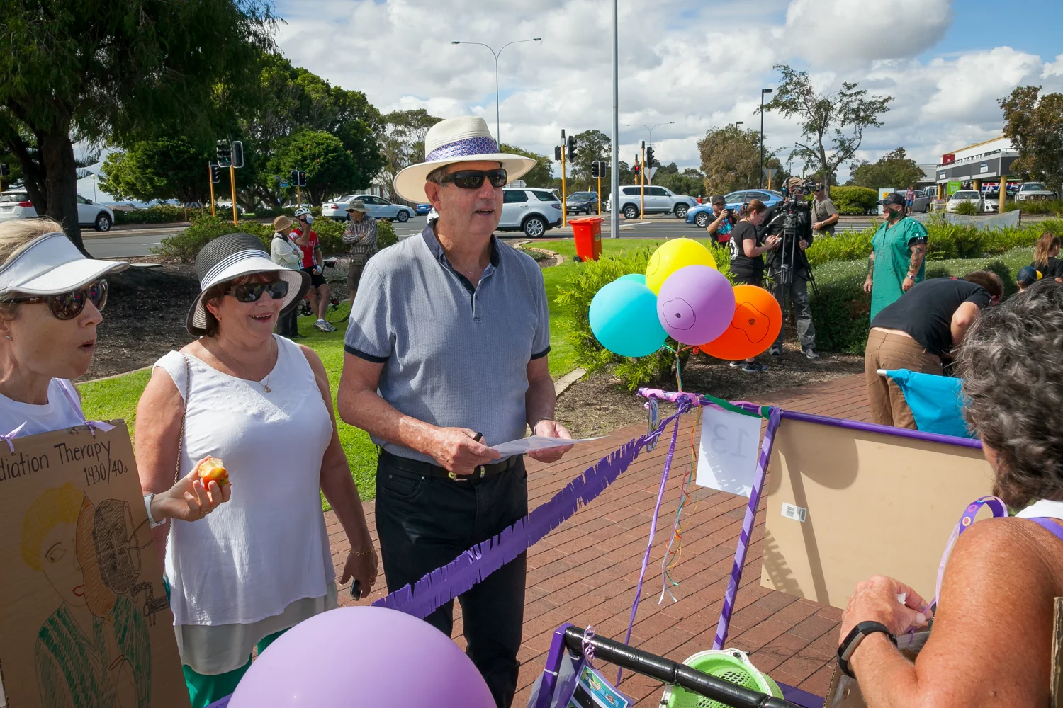 Mayor of Bunbury, Mr Gary Brennan, accompanied by his wife Robin, inspect the beds and team costumes before the Race