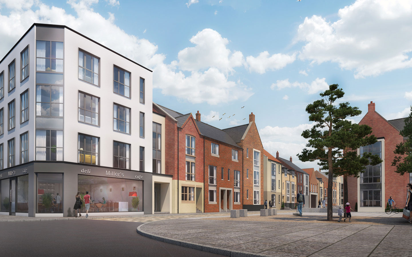 A view of the junction of Queen Street and Blanket Row in the Fruit Market, showing a range of townhouse styles.
