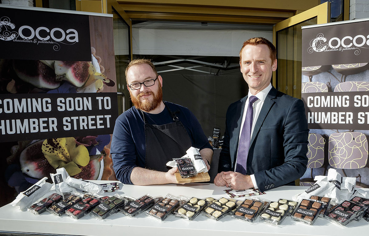 Chocolatier Jon Collins with Wykeland Group’s Tom Watson in the pop-up venue created for Hull’s Freedom Festival.