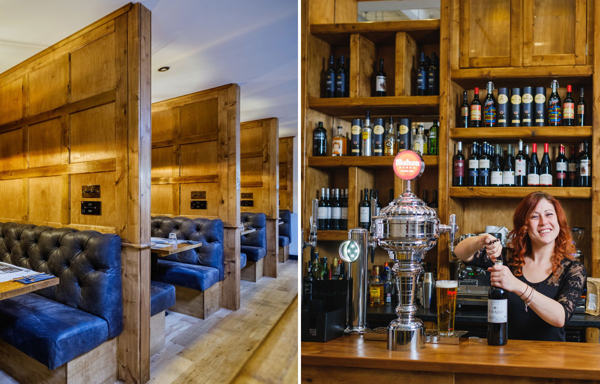 Left: The restaurant has cosy booths where family and friends can socialise over tapas dishes “with a Yorkshire twist”. Right: Restaurant Manager Jemma Chance at the bar of Ambiente Tapas, which serves more than 60 wines and sherries.