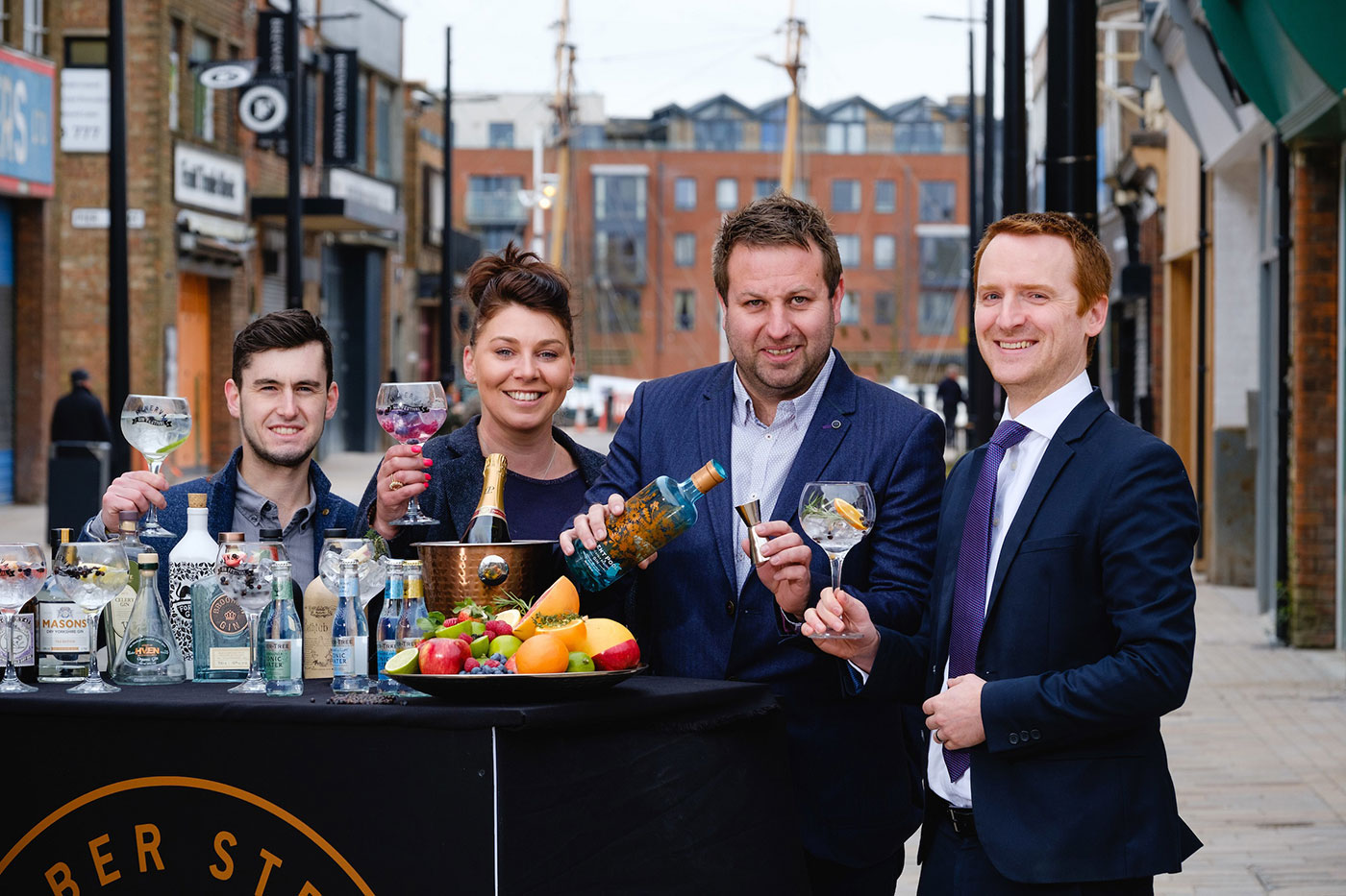 From left, Craig Heads, Charlotte Bailey and Lee Kirman from Humber Street Distillery Co raise a toast to their new venture with Wykeland Group’s Tom Watson.