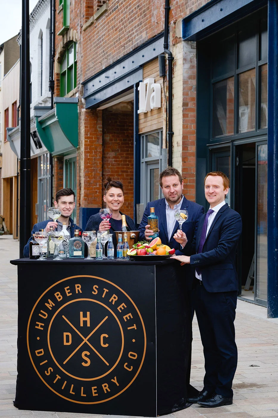 Humber Street Distillery Co is the latest investment to be announced in Hull’s rapidly-evolving Fruit Market waterside district. Pictured are owners Lee Kirman and Charlotte Bailey, centre, with Manager Craig Heads, left, and Wykeland Group’s Tom Watson.