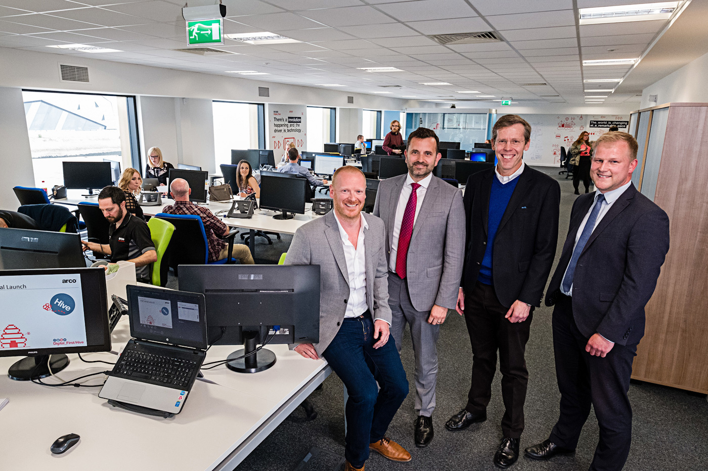 From left, Arco Digital Director Richard Martin, Wykeland Group Managing Director Dominic Gibbons, Arco Chief Executive Neil Jowsey and Wykeland Asset Manager John Gouldthorp in the new home for Arco’s digital team at Wykeland’s @TheDock development.
