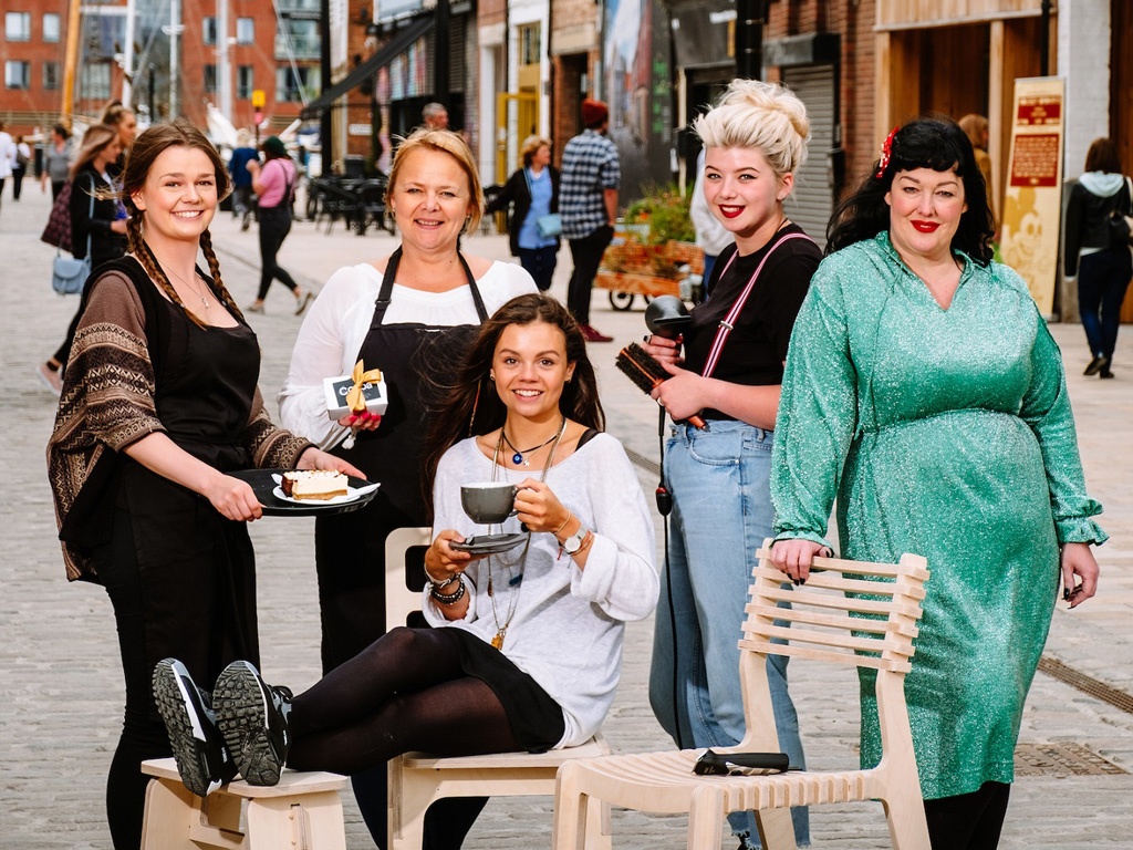 From left, Leah Andrew and Fiona George of Cocoa Chocolatier, Annie McIntyre of Blok CNC, and Leonna Foley and Sarah Clayton of Mousey Brown’s, in Humber Street, which has become a thriving community of independent businesses.