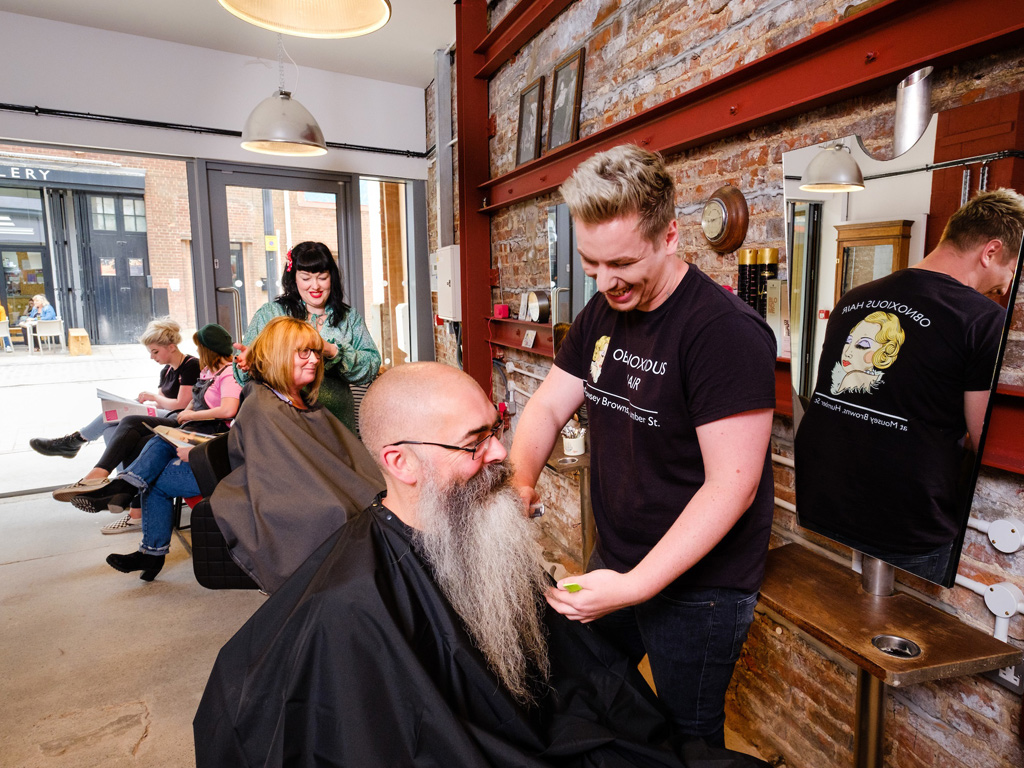 Stylist TJay Railton, front, and owner Sarah Clayton with customers Gerard Baker and Jacquie Sims in Hull’s first subculture hair salon, Mousey Brown’s, the latest quirky addition to the diverse range of entrepreneurial businesses in the city’s Fruit Market waterside quarter.