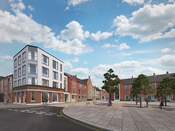 One of the latest computer-generated images of the Fruit Market residential development, showing the corner of Queen Street and Blanket Row.