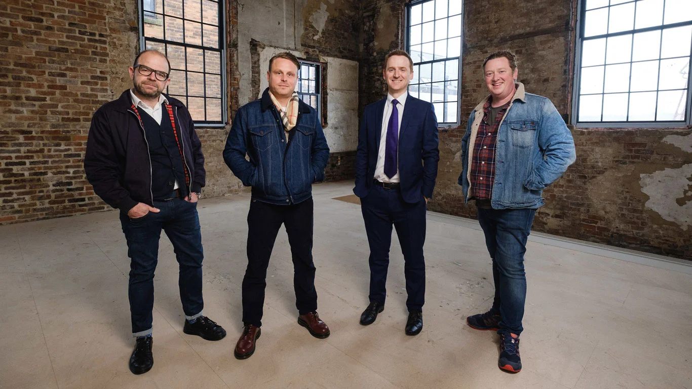 Tom Watson from Wykeland Beal, second from right, with J. Johnson owners, from left, Chris Eastaugh, Jason Gittens and Dan Robinson in the former fruit and veg warehouse in Humber Street which has been comprehensively renovated by Wykeland Beal in a £250,000 project.