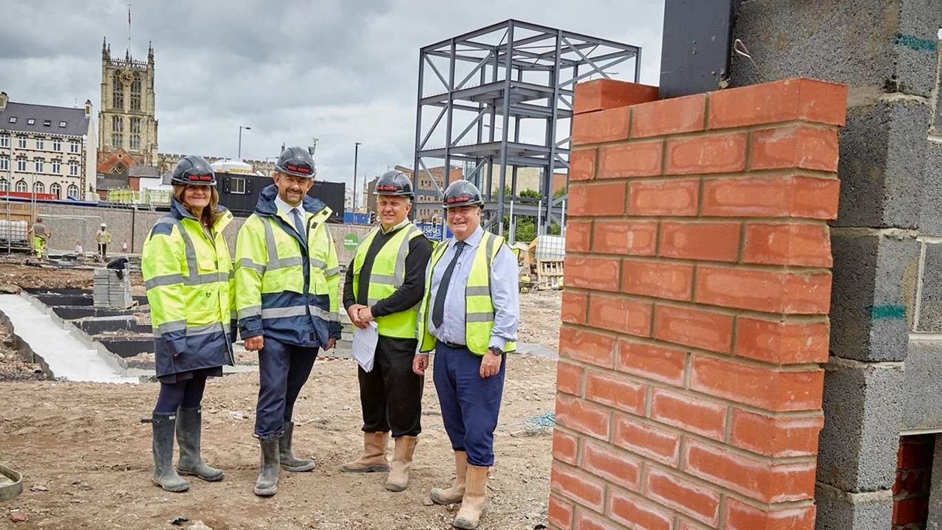 From left, Beal Homes’ Sue Waudby, Richard Beal, John Ellis and John Goodfellow at the Fruit Market site where the first brickwork and steel structures mark the start of construction on Hull’s most hotly-anticipated new housing development.
