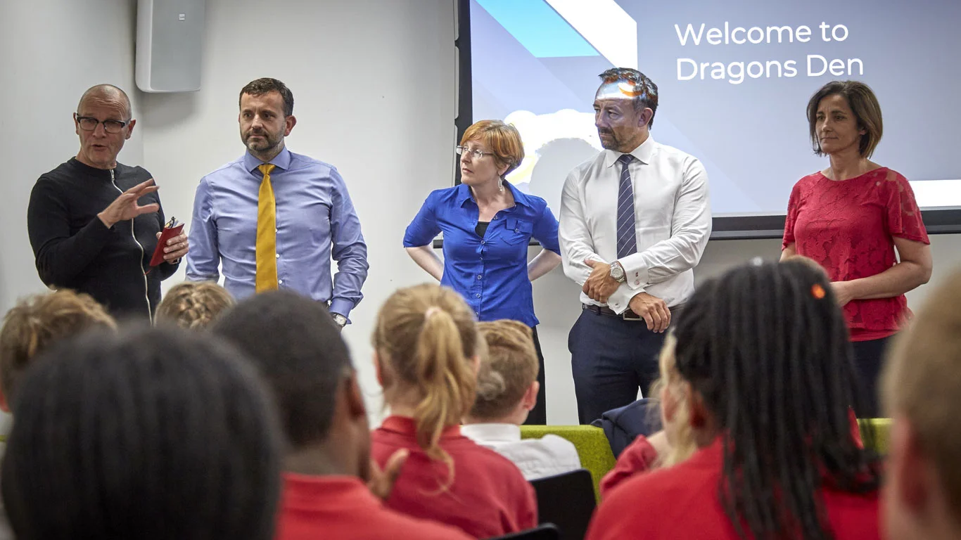 Wykeland Beal Community Engagement Consultant Elaine Burke, centre, with Dragons’ Den panel members, from left, Jonathan Elvidge, Dominic Gibbons, Richard Beal and Diana Taylor.