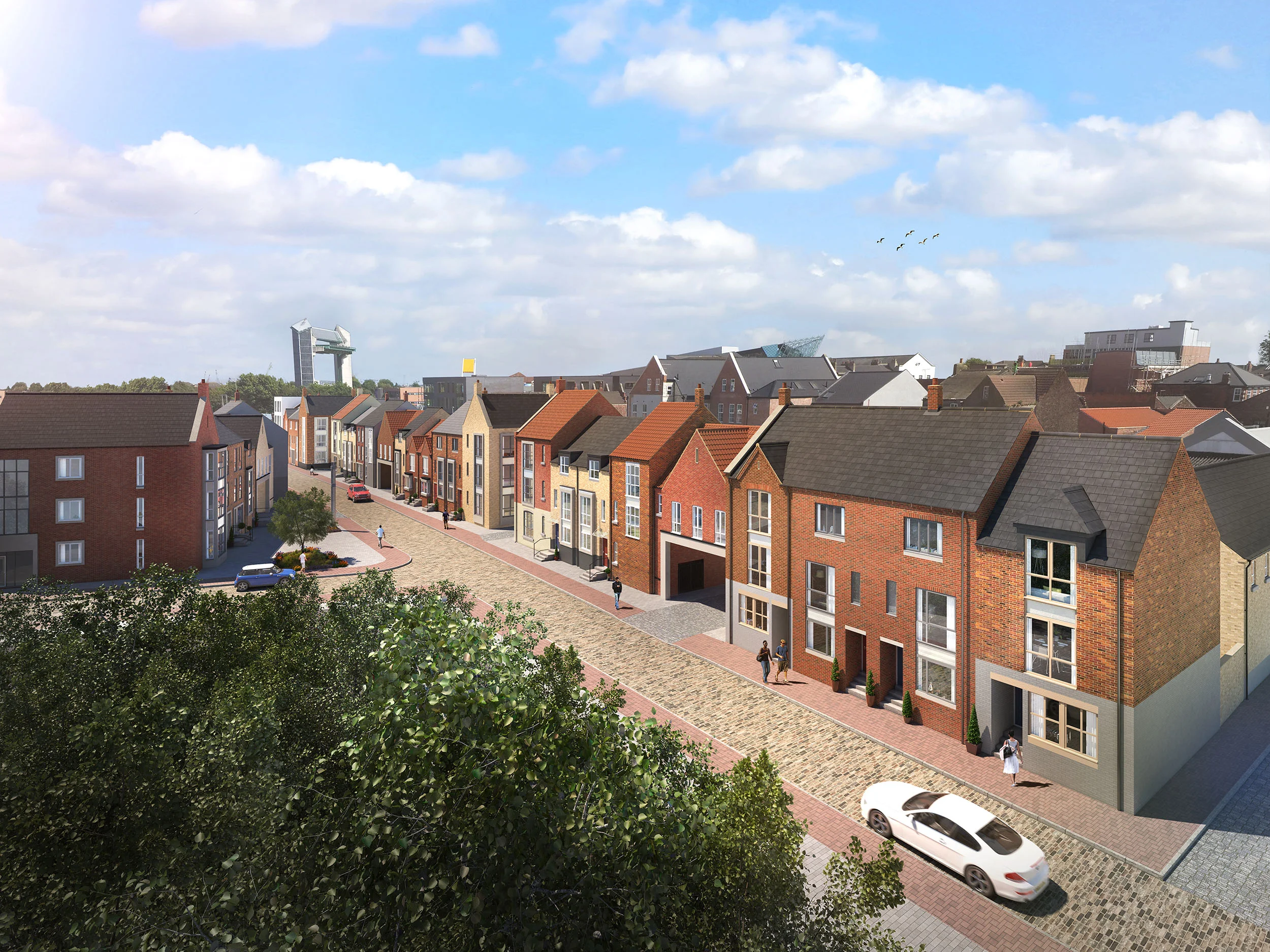 A computer-generated image of the Fruit Market development showing Blanket Row with Martin’s Quarter in the foreground