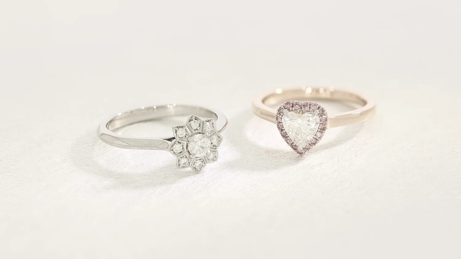 Fancy shape engagement rings made from platinum & rose gold