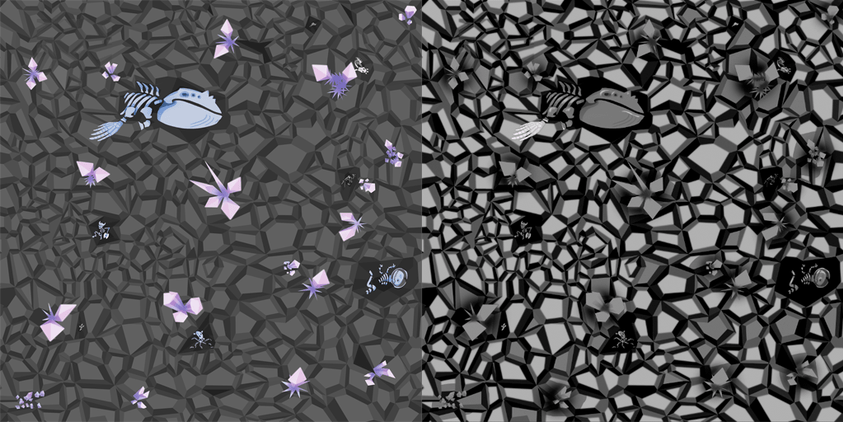 Example of a background texture in Laser Disco Defenders. To the left is the color channels and to the left is the alpha channel used for reflectivity which allows for dark crevices in this cave texture. There’s also a space whale skeleton because… we could!