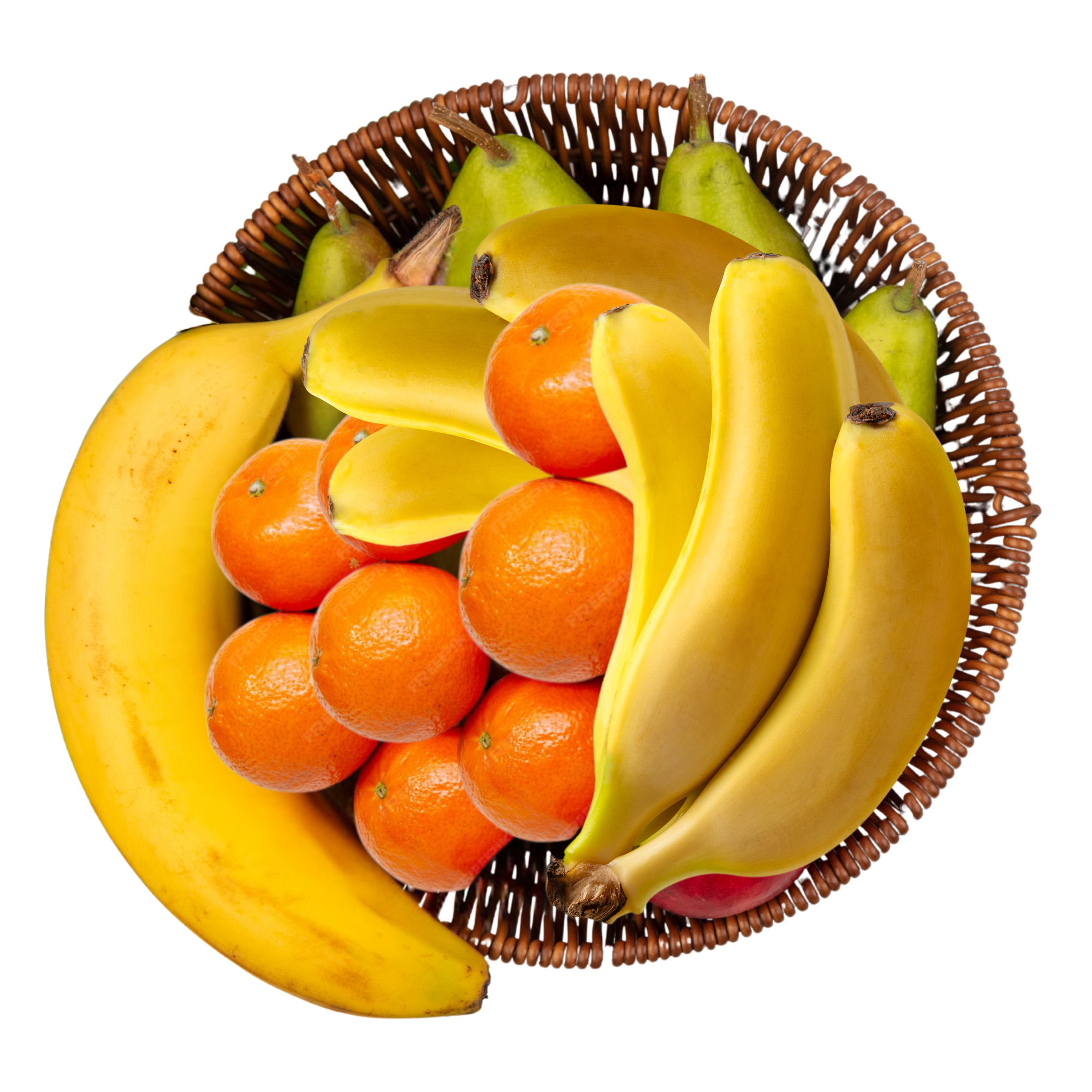 A woven basket filled with bananas, oranges, green pears, and a peach.