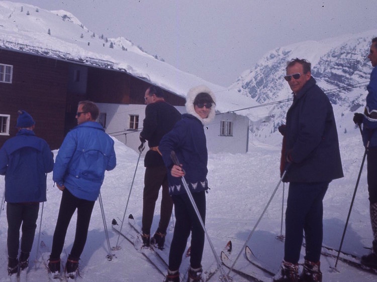 Ingrid and Daddy in modern clipper ski boots and Lillywhites ski gear