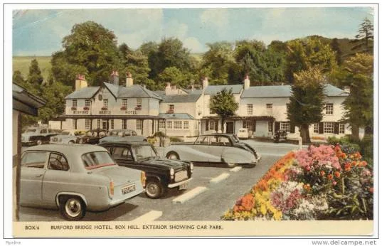 A 1950s postcard of Buford Bridge Hotel. The outdoor pool was at the back.