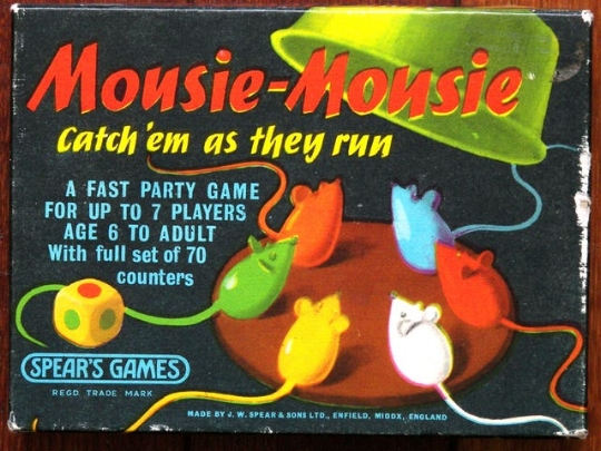 A 'twitch' game created in 1963, loved by all ages. The catcher is poised with the catching bowl, the rest are poised with the tails of the mice. The dice is rolled, the hysteria begins.