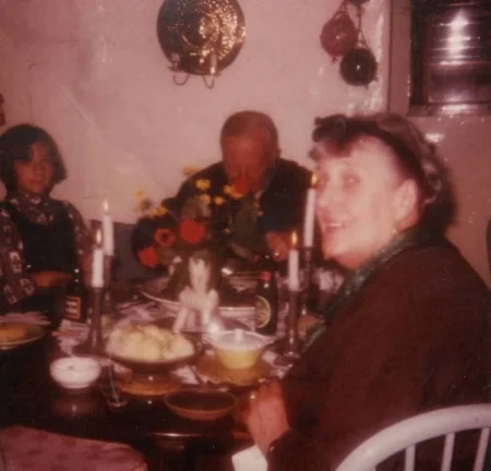 Dutch Grandma and Grandpa with Chump in the dining room at Meares