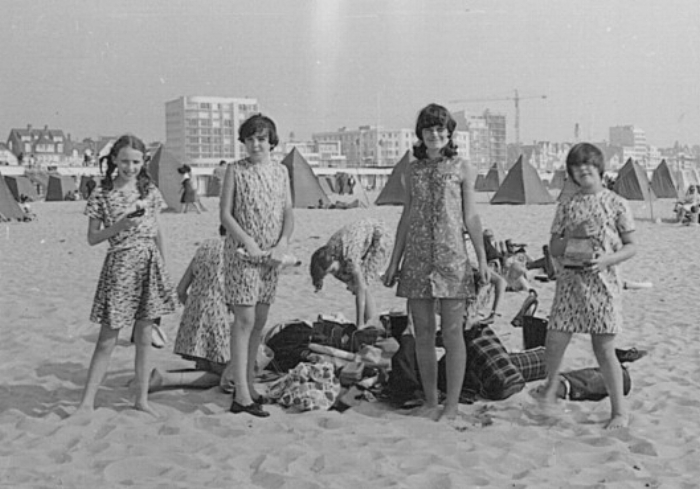 On the sands at Le Touquet, Ingrid in the dress from Liberty's with admiring first formers