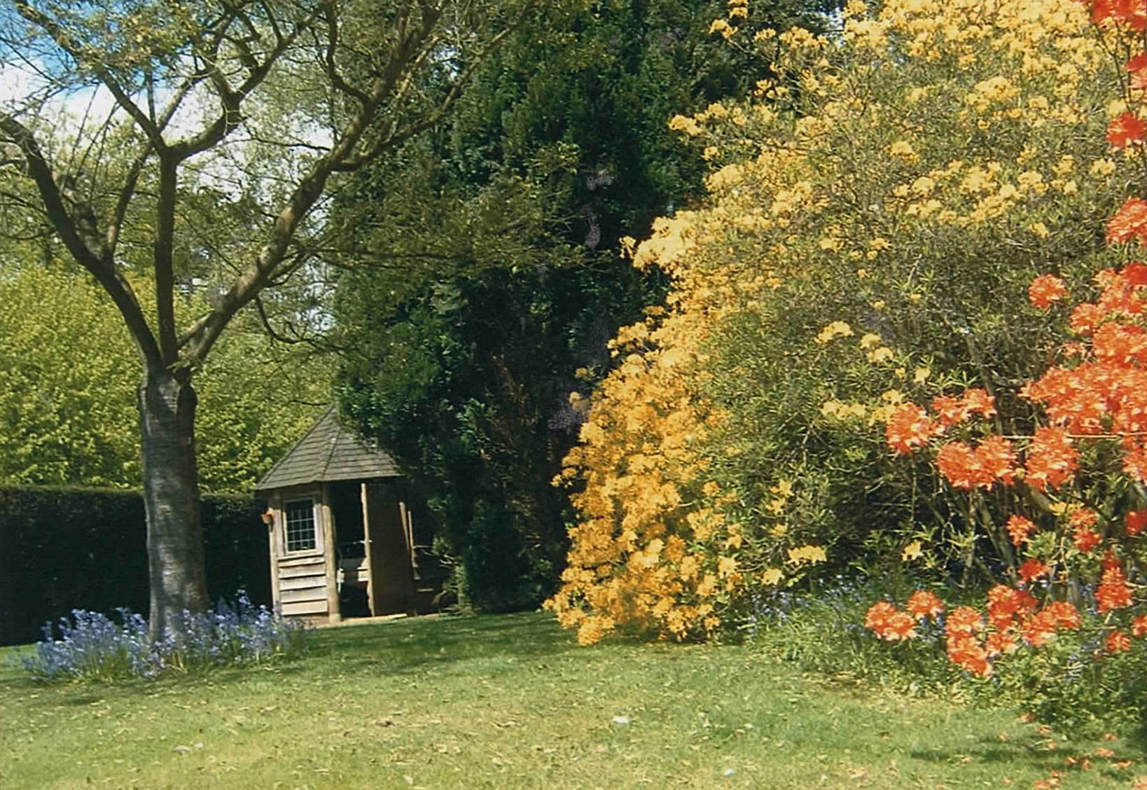 The 1920's tennis hut, filled with mowers, rakes and hoes