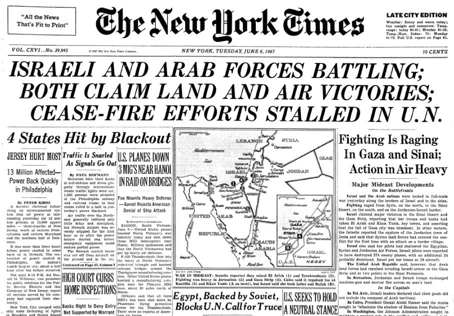 New York Times headline of 6 June, the second day of the war.
