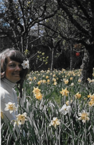 "Chump posing in the daffodils"