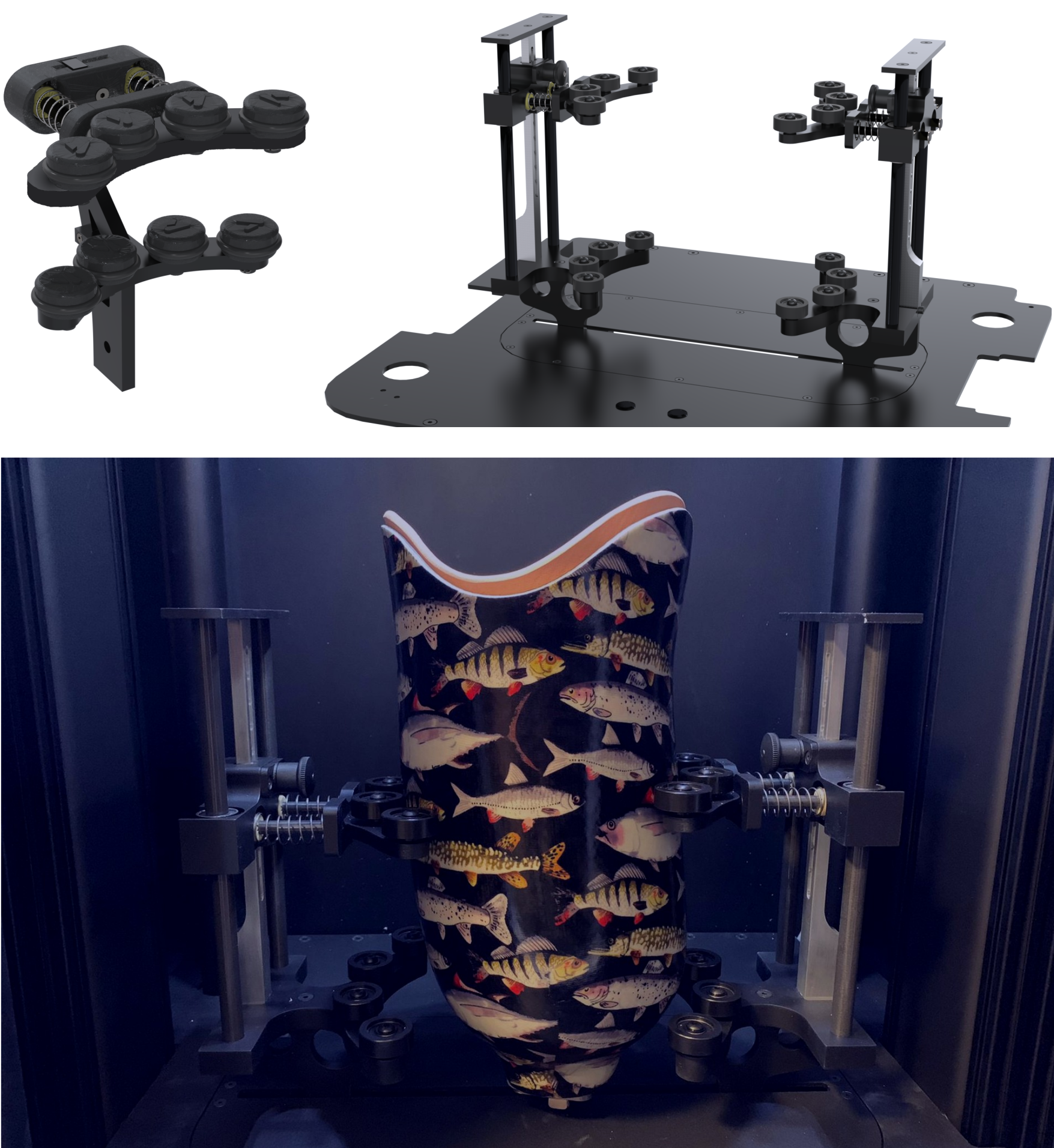 On the left, (half of) the first iteration of the socket gripper. On the right, the latest iteration, where height adjustment is possible. Below, this iteration in action, holding still a rather fishy socket.