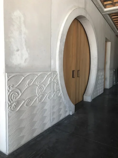 The oriental theme continues inside – the moon door entrance to the barrel cellars.