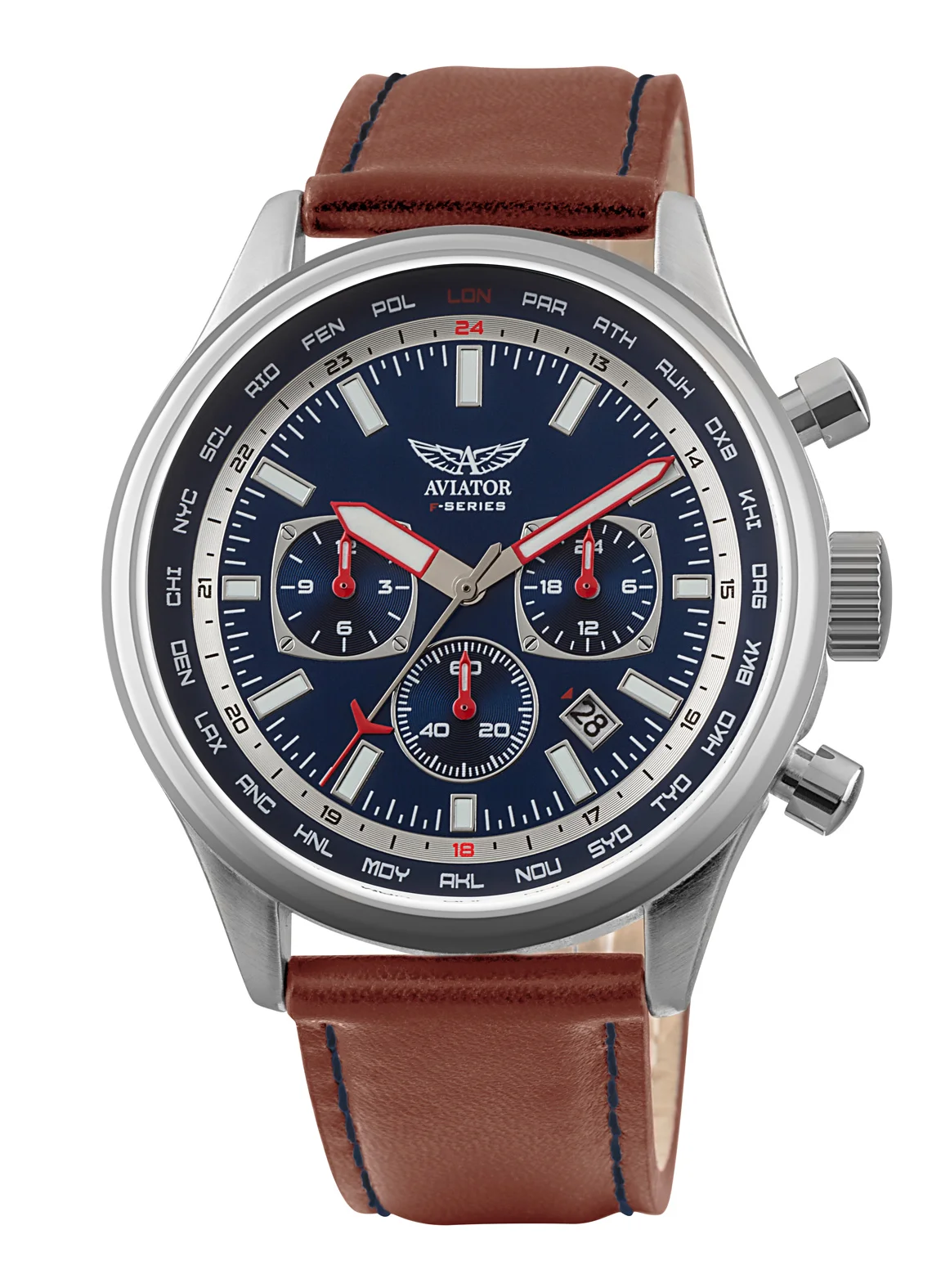 Classically styled with a double layer cream dial, 2-step chronograph, 12/24hr indicator, luminous hands and calendar. The stainless steel case has a 44mm diameter and is fitted with a high quality brown leather strap. Water resistant to 10ATM. Two year international warranty.