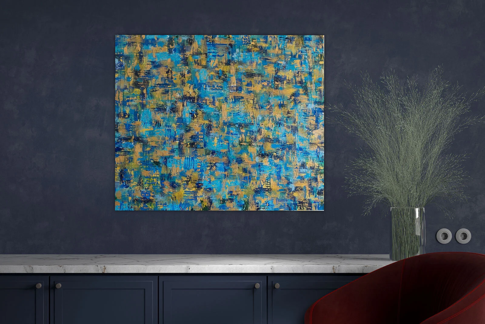 Modern metallic blue and gold abstract painting on large canvas for sale by UK Sussex Brighton and Hove artist