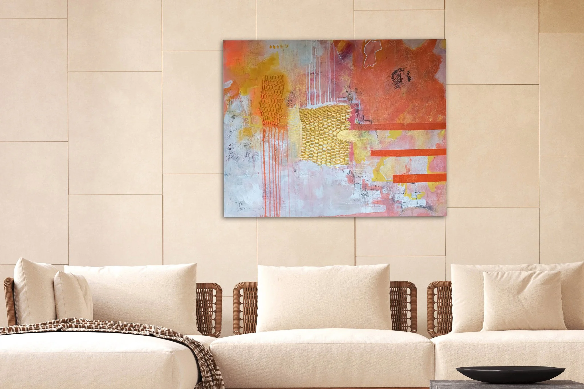 Orange expressive mixed media abstract painting on sale.jpg