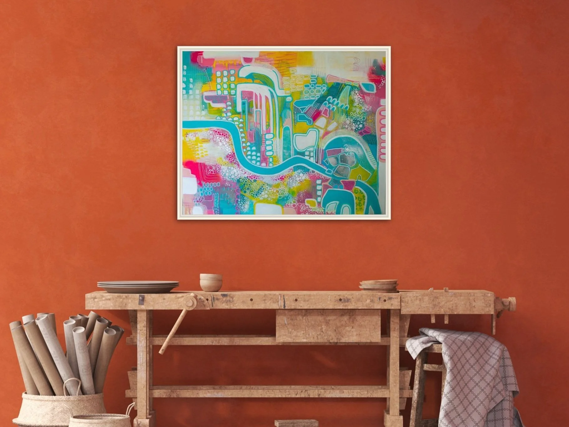 Modern colourful large abstract painting for sale by Brighton UK intuitive artist