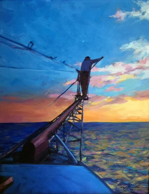 My husband doesn't harpoon often, so this image is special in that it captures an aspect of his fishing that is rare and unique. We enhanced the sunset to make the painting more dramatic.