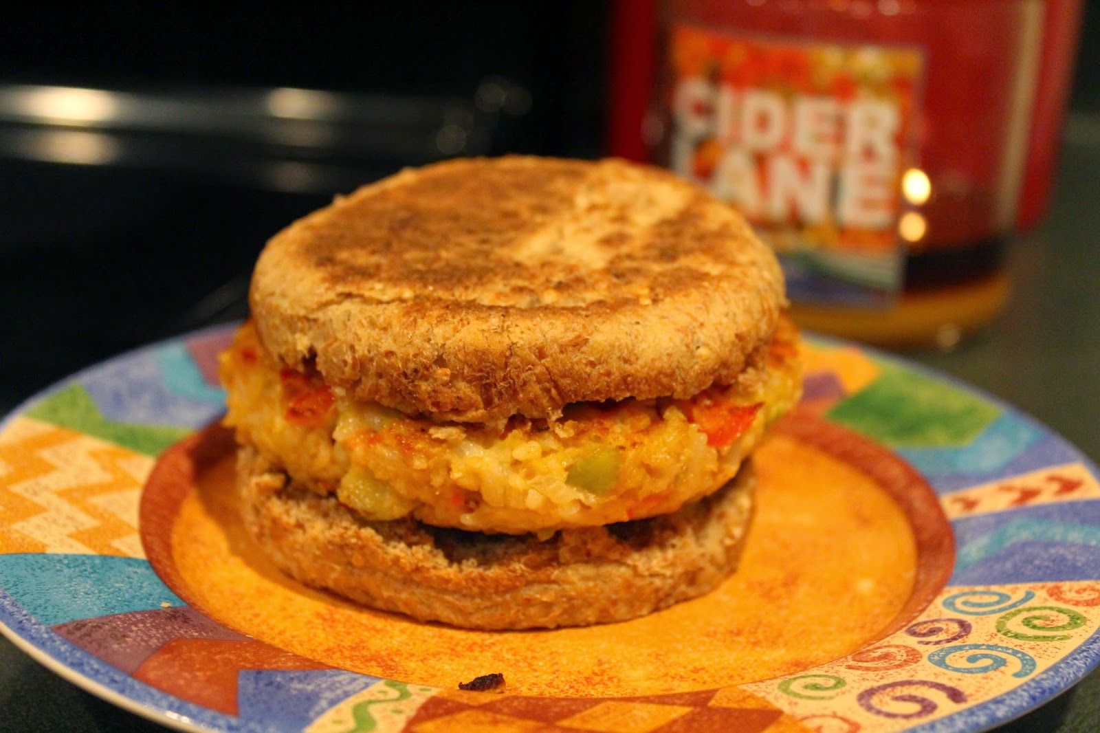 Using Ezekiel sprouted grain English muffins as a bun for our apple veggie burger