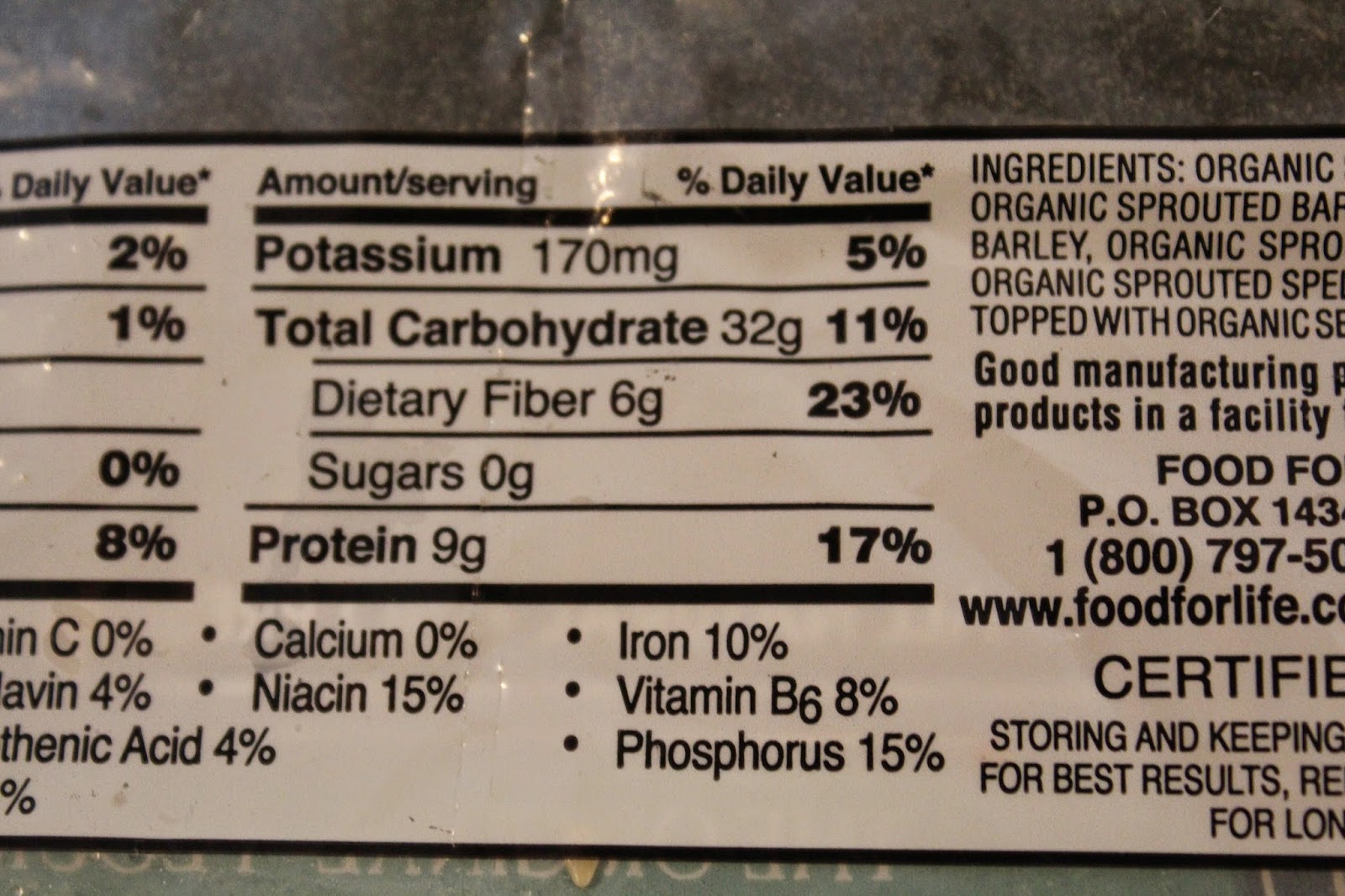 Nutritional facts showing protein in Ezekiel sprouted grain English muffins