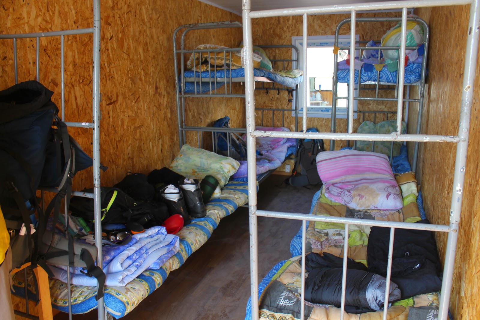 Beds inside the barrel huts on Mount Elbrus