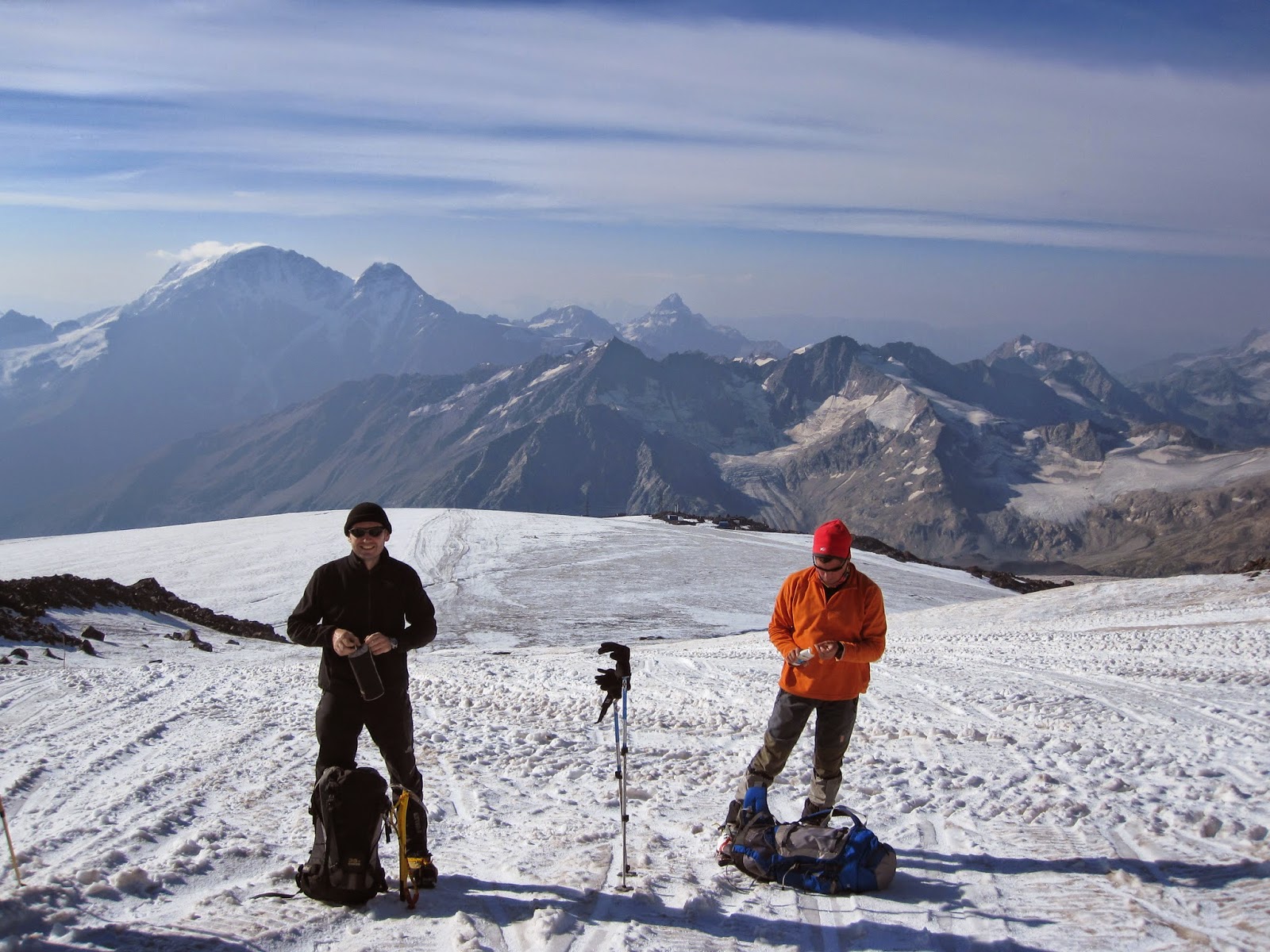 Taking a break on our acclimatization hike up Mount Elbrus.