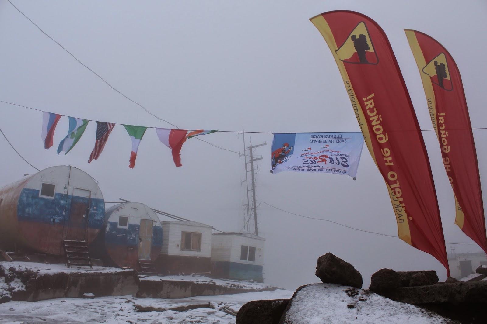In the clouds and snowing at Mount Elbrus base camp.